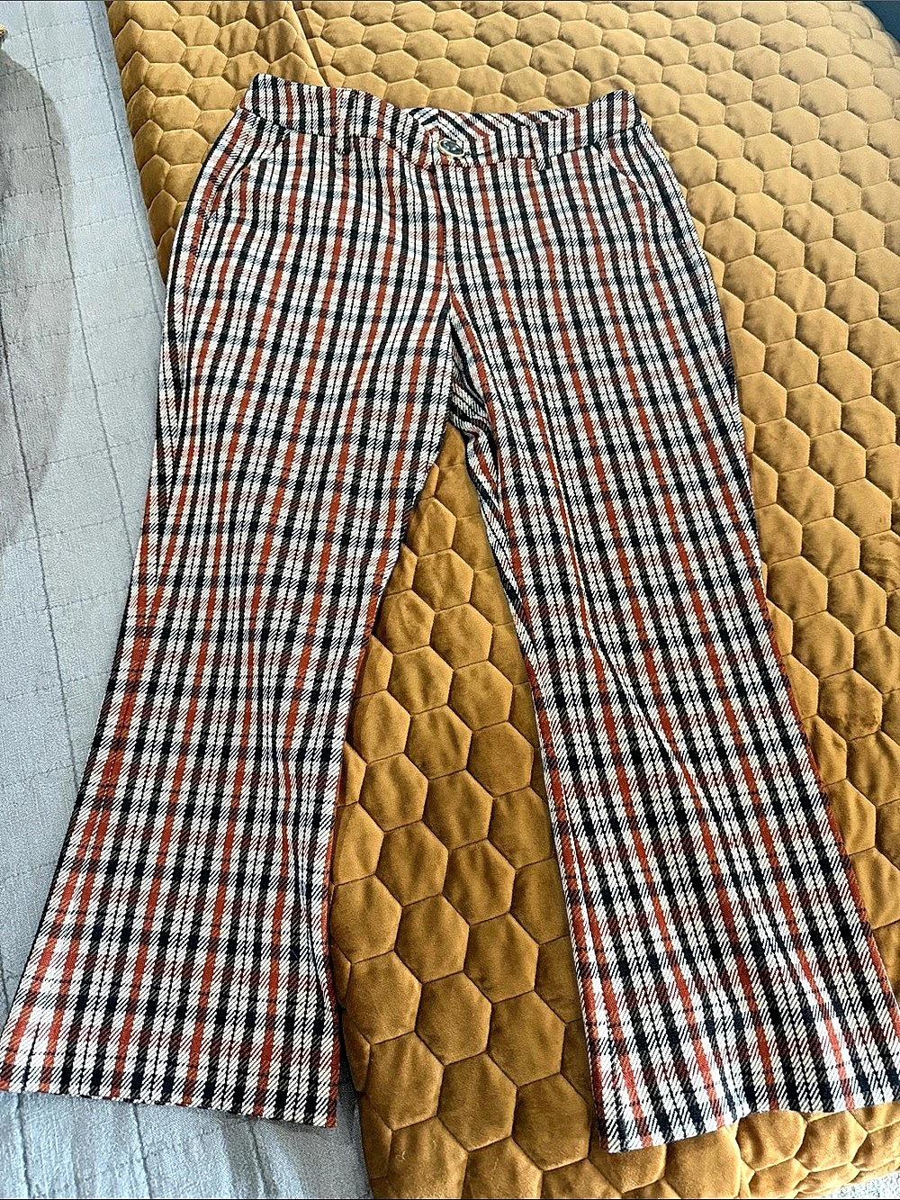 cabi Jazzy Kick Flare Plaid Pants Brown & White Size 10